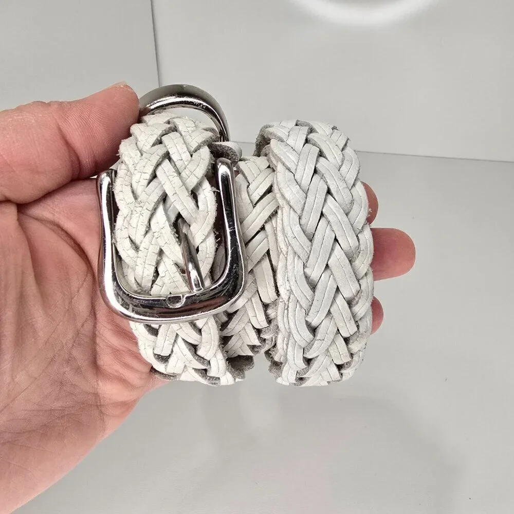 Women's White Distressed Cracked Leather Thin Skinny Woven Boho Belt